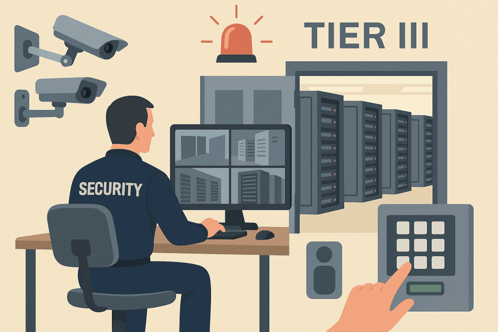 A security guard in a surveillance room watches monitors with video surveillance cameras, next to a server with the inscription Tier III and an access system with a code panel.