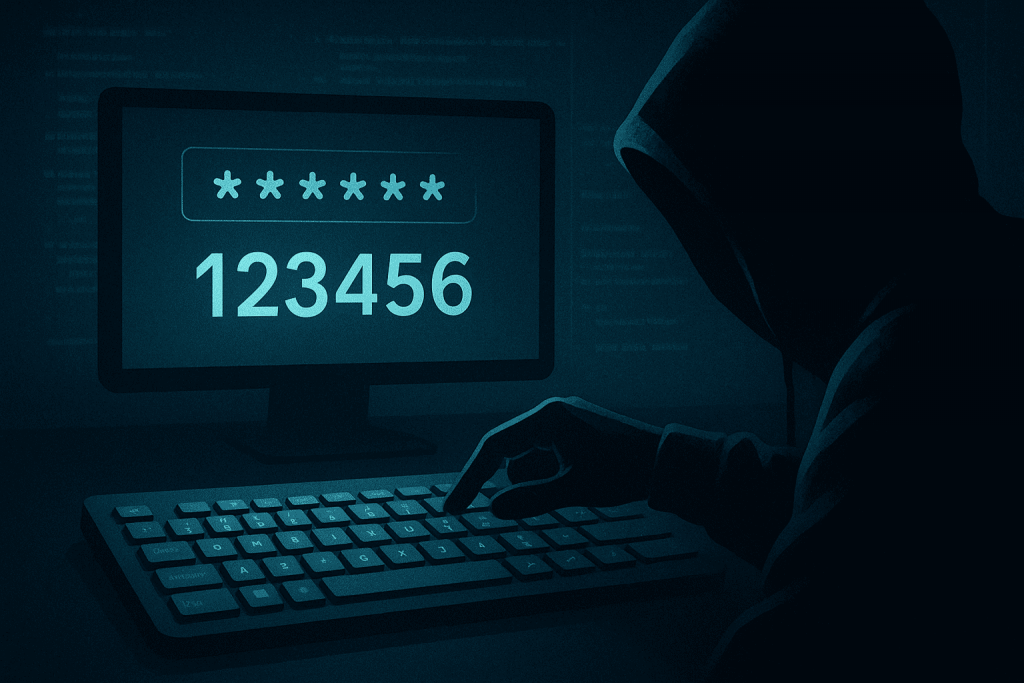 Hacker in dark hoodie enters weak password 123456 on computer.