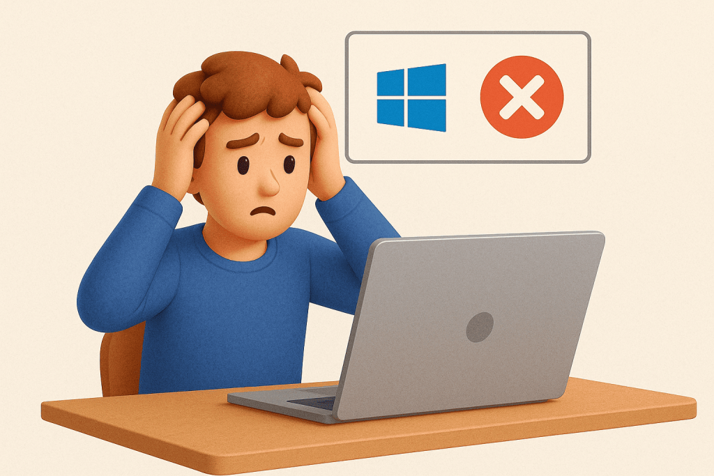 A sad man sits at a laptop, the Windows logo and a red cross are displayed on the screen next to it.