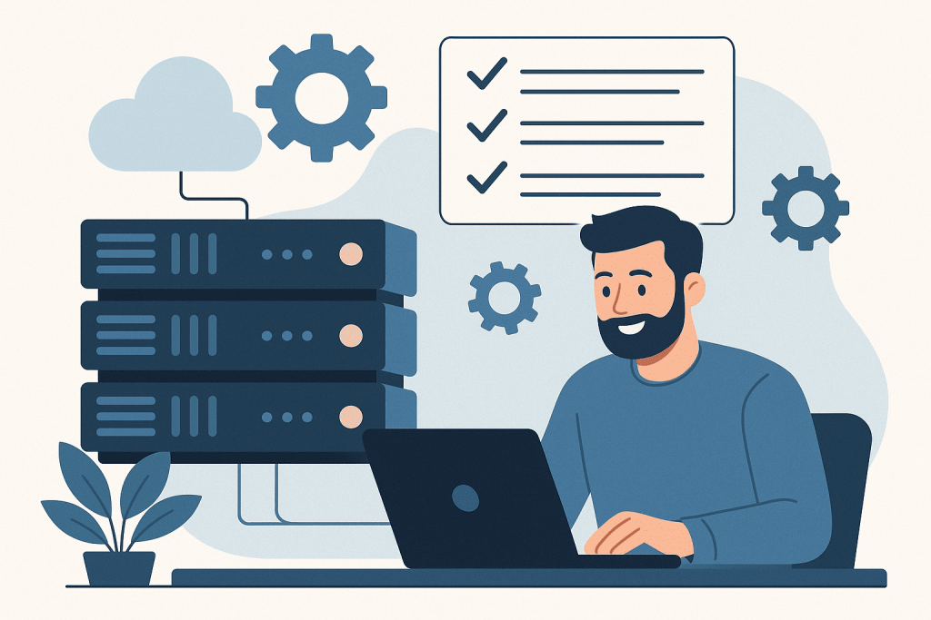 A system administrator is configuring a server at a laptop, with a cloud, servers, and a checklist of parameters shown nearby.