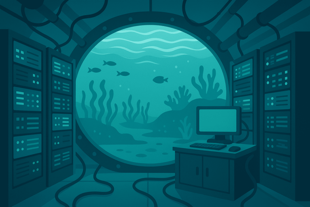 An underwater server room with a view of the ocean through a porthole where fish swim.