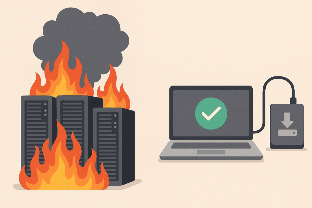 Servers on fire next to a laptop connected to an external drive with a mark of successful data recovery.