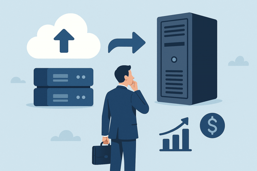 An entrepreneur is considering switching from cloud storage to his own dedicated server, with growth and finance icons nearby.
