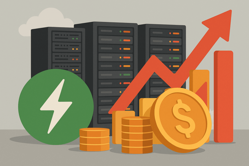 Servers in a data center next to coins, growth graph and energy symbol.
