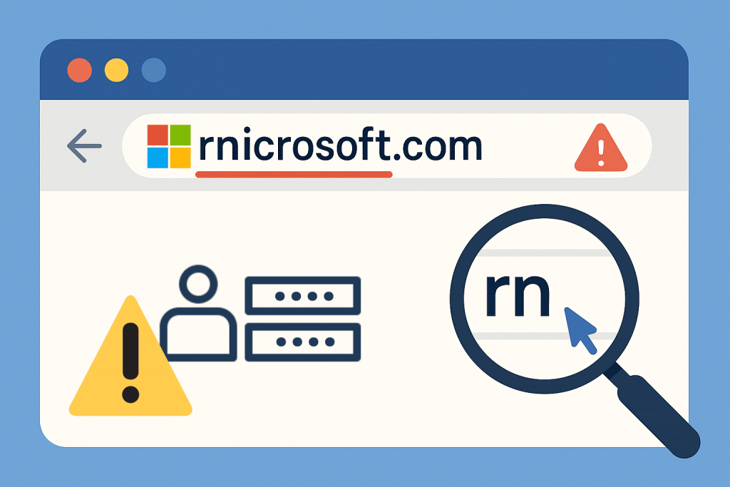 Image of a fake website address in a browser with warning icons and a magnifying glass highlighting a dangerous detail in the domain.