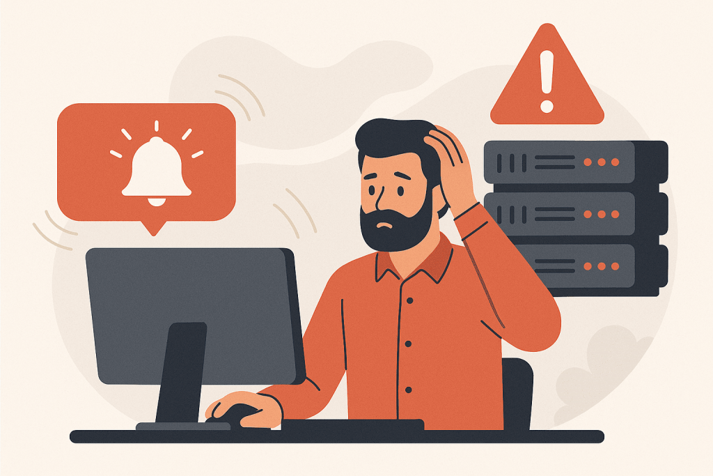 The administrator in front of the computer receives a warning about server overload, with alarm icons and servers in the background.
