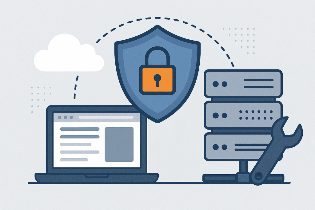 A laptop, a server, and a shield with a lock are elements that emphasize data protection before launching a site.