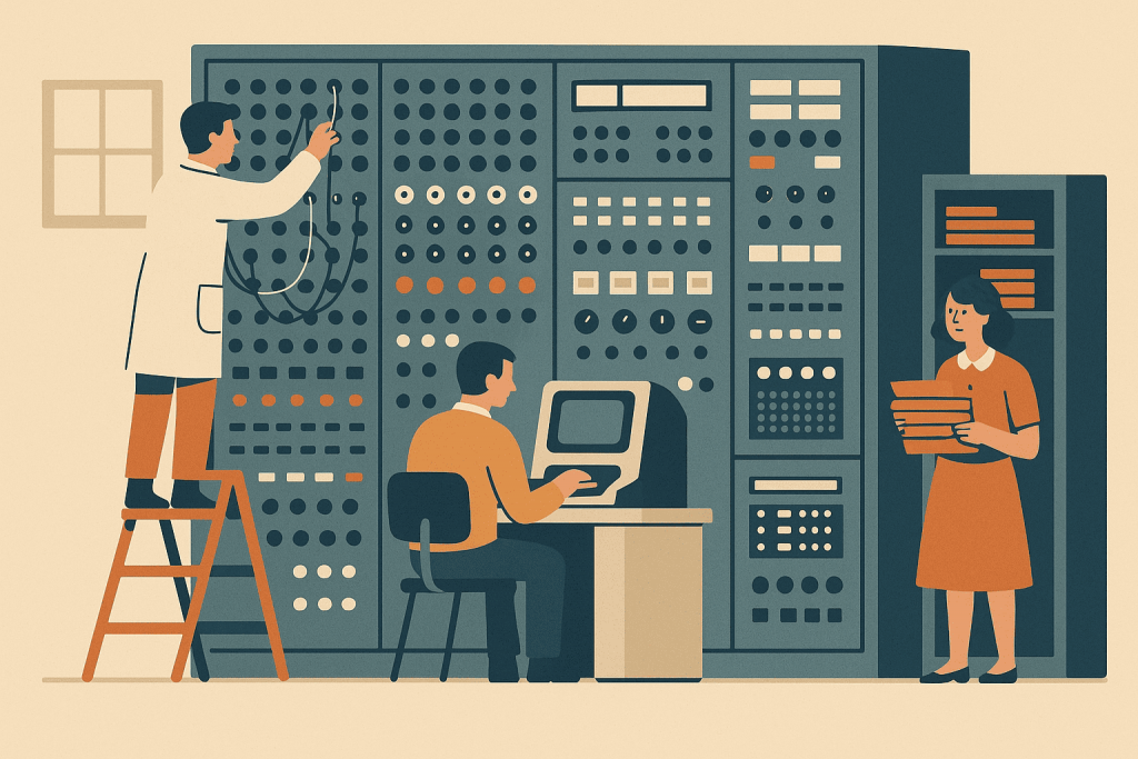 An old data center with people working at computers and configuring computing equipment.