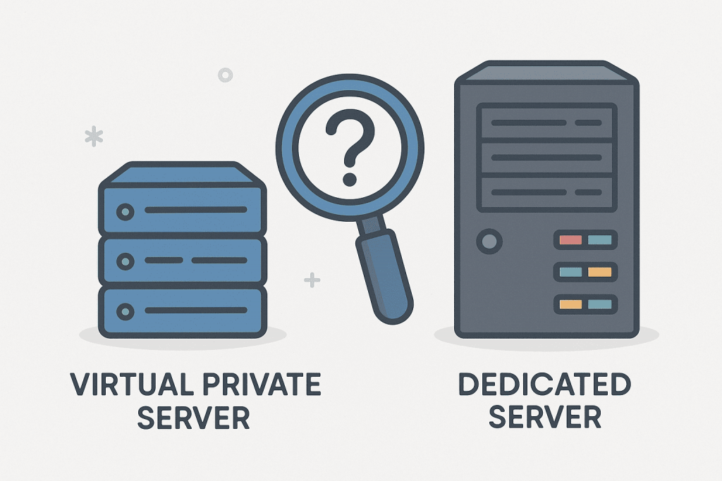 Illustration with two types of servers: on the left is a stack of three blue blocks, symbolizing virtual servers, on the right is a larger rectangular physical server case; between them is a magnifying glass with a question mark.