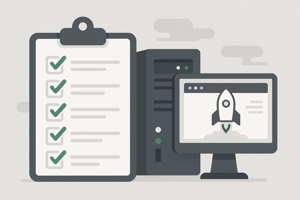 A server, a monitor with a rocket on the screen, and a checklist with completion marks indicating readiness for launch.