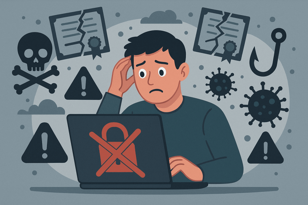A worried man behind a laptop with a crossed-out lock surrounded by symbols of viruses, phishing and danger.
