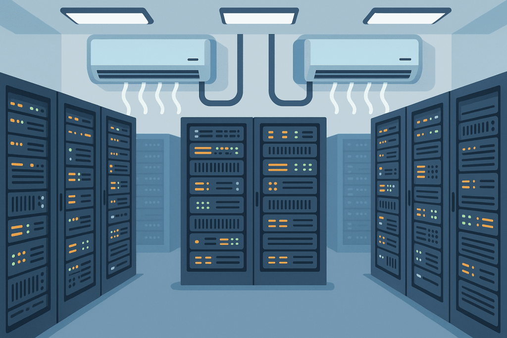 Server room with air conditioners that cool racks of equipment.