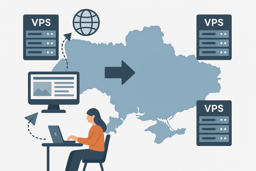 A woman works at a laptop, data is transmitted to VPS servers located around the map of Ukraine.