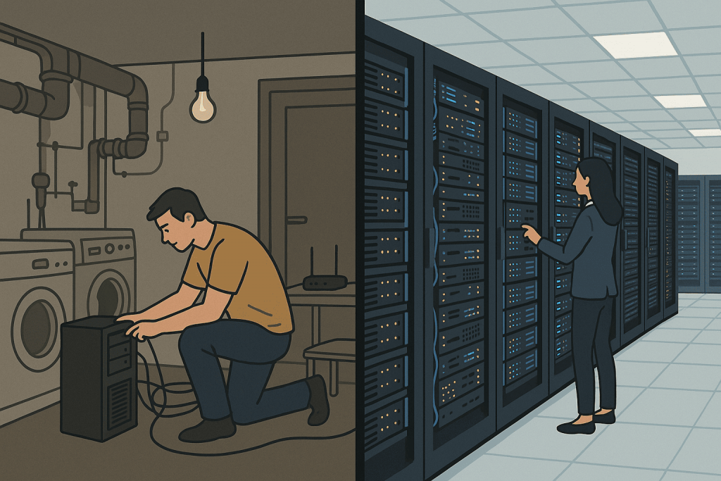 Comparison of a home server in the basement and professional equipment in a modern data center.