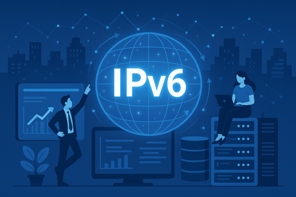 Illustration with the words IPv6 in the center of a globe, next to a man in a suit with graphs on screens and a woman with a laptop sitting on a server.