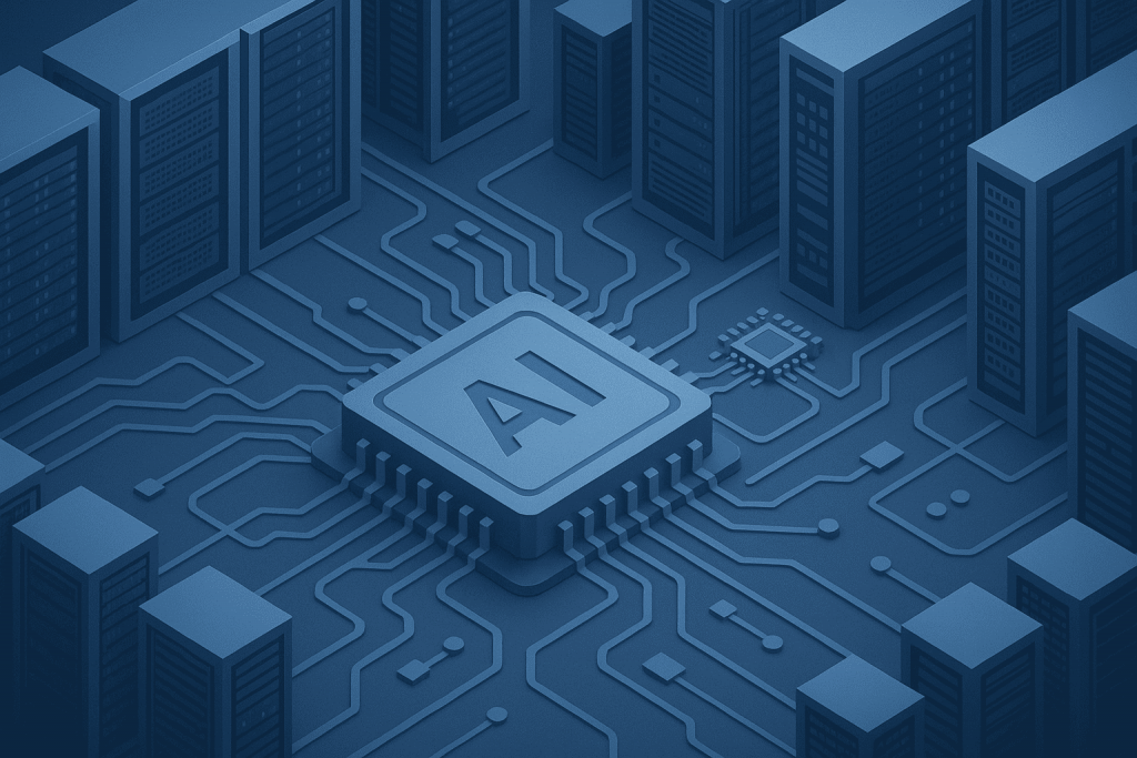 A chip with the AI ​​logo in the center of the board, surrounded by server racks, symbolizing the operation of a data center based on artificial intelligence accelerators.