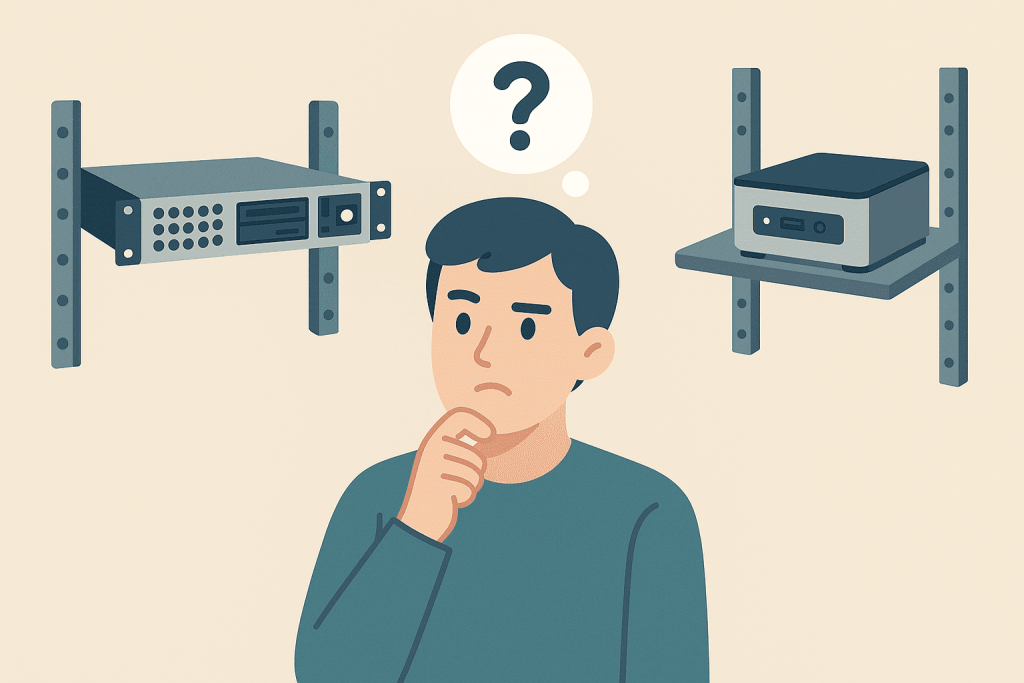 A person is debating between choosing a 1U server and a mini PC, pictured on either side.