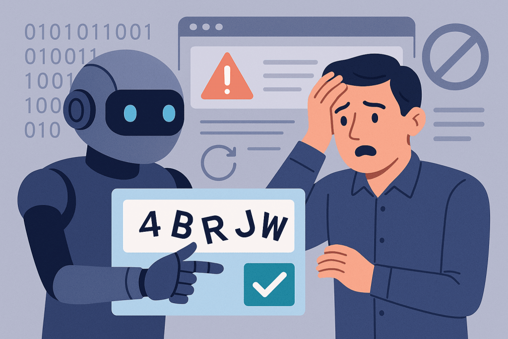 The robot shows the person a recognized captcha, and the site owner holds his head in concern.