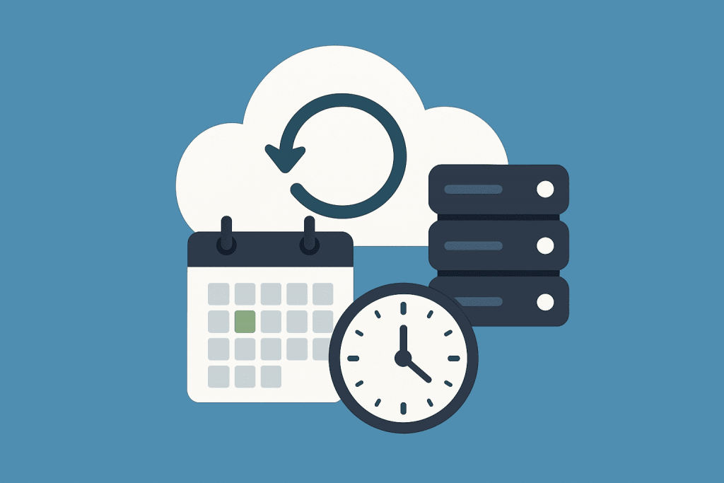 Cloud backup next to calendar, clock and server disks.