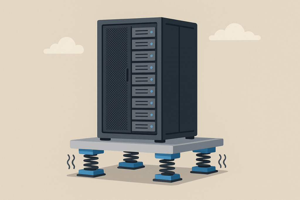 The server rack is mounted on a platform with springs that isolate vibrations.