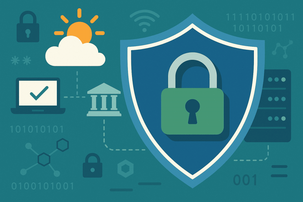 A shield with a lock symbolizing data protection and secure internet connections.