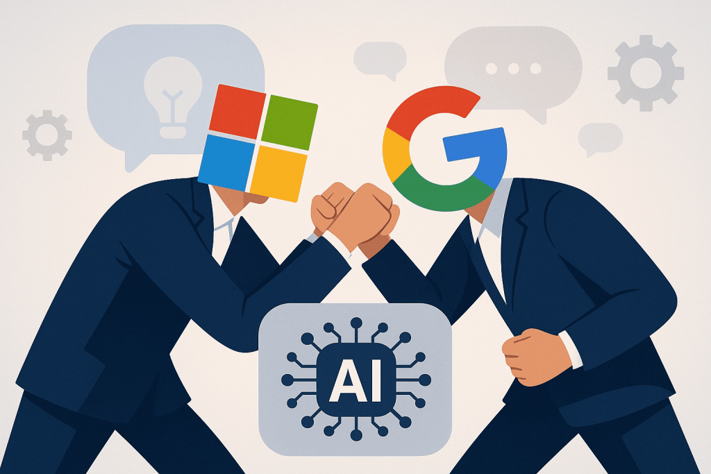 Two people in business suits shake hands, their heads replaced by the Microsoft and Google logos, with an "AI" icon between them.