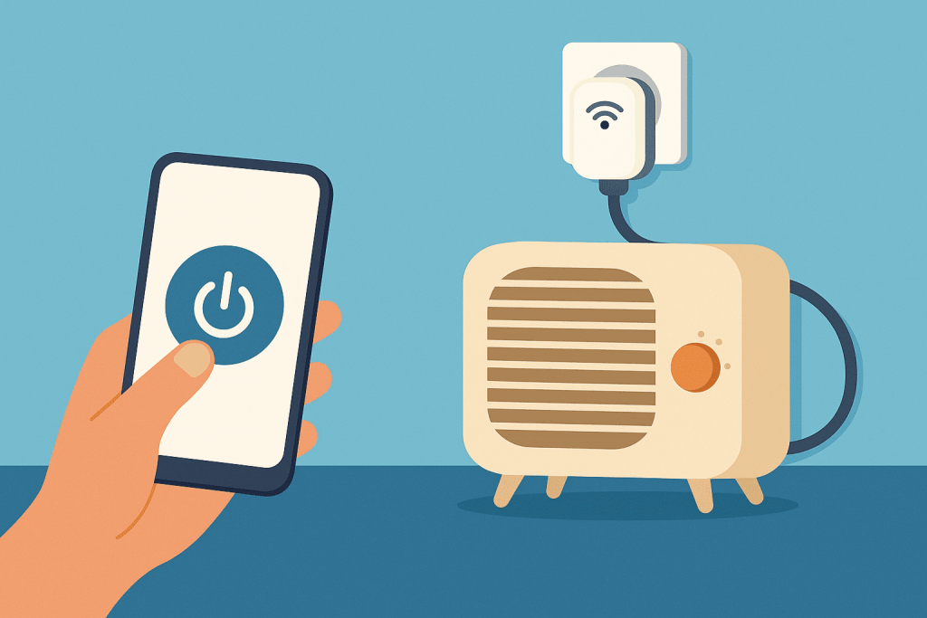 The smartphone controls the heater via a smart socket with a Wi-Fi module.