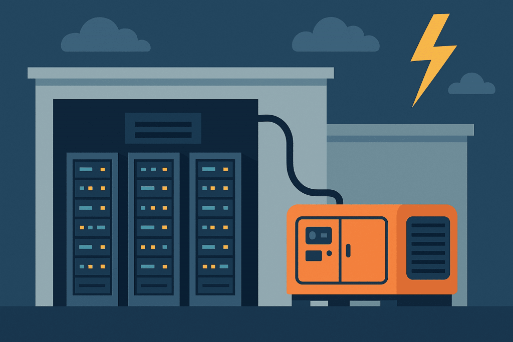 A data center with server racks connected to a diesel generator during a power outage.