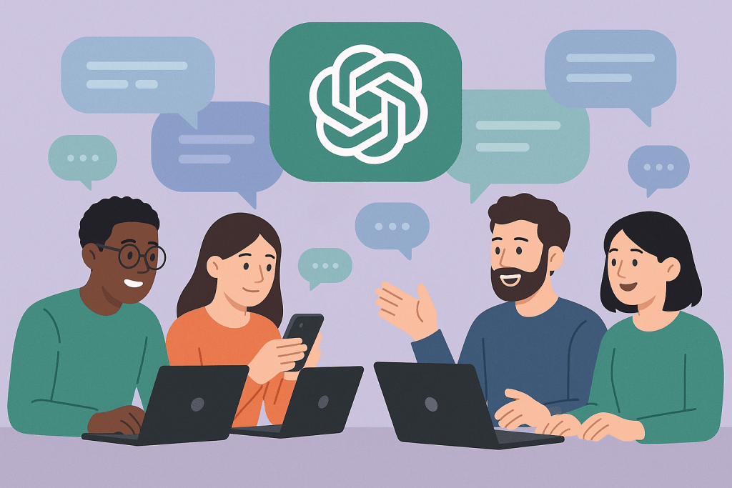 A group of people at laptops are chatting and discussing ideas, the ChatGPT logo is displayed on the screen above them in the form of a dialog in the clouds.