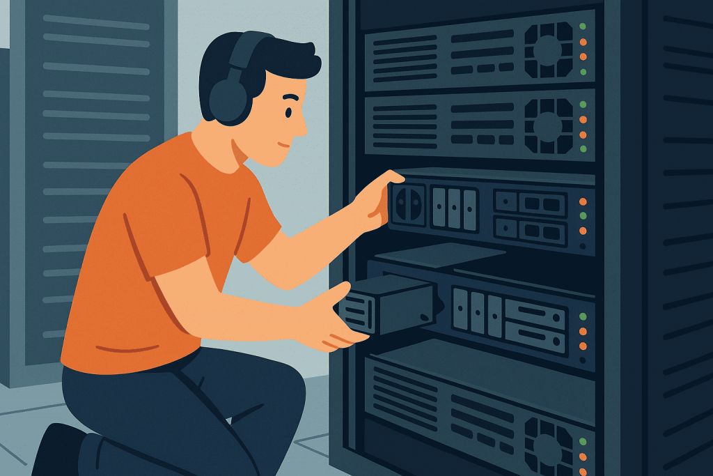 An engineer installs or replaces a server module in a data center rack.