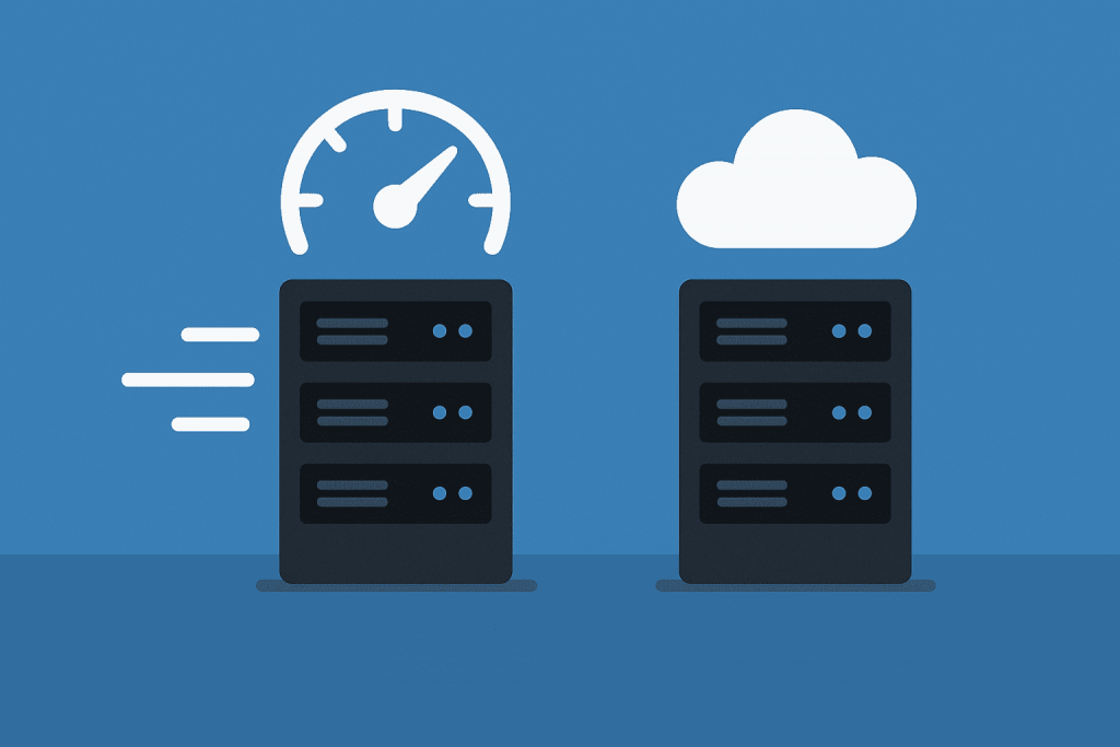 Two servers: one marked with a speed symbol, the other with a cloud icon, highlighting the difference between VPS types.