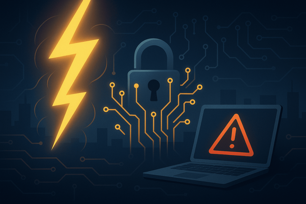 Lightning bolt, digital pattern lock and laptop with warning sign symbolizing safety risks during power outages.