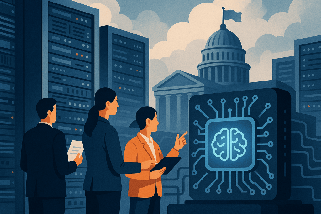 A group of people in business attire are discussing a large AI processor against the backdrop of data centers and a government building with a dome.