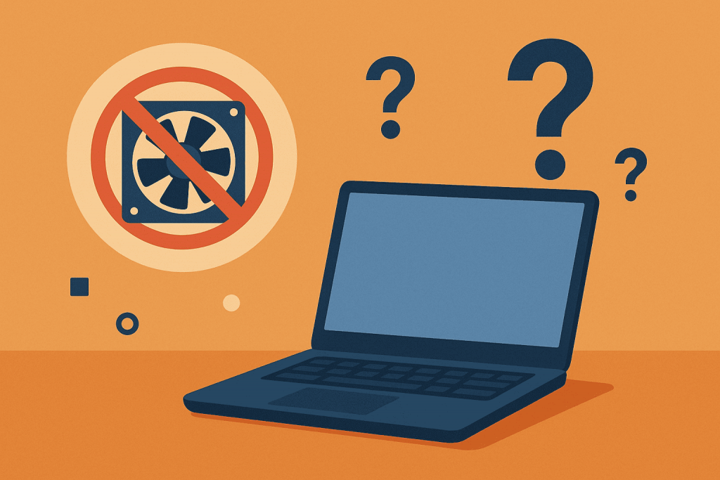 Laptop on a table with a crossed out fan icon and question marks around it.