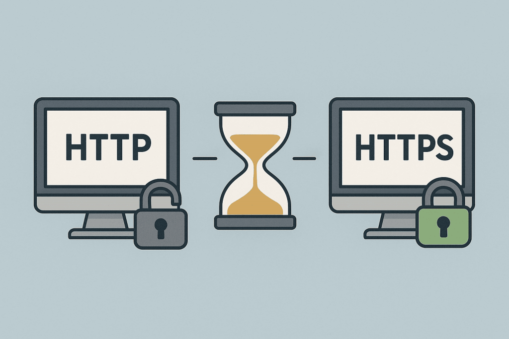 The screen shows HTTP with an open lock on the left, HTTPS with a closed lock on the right, and an hourglass in between.