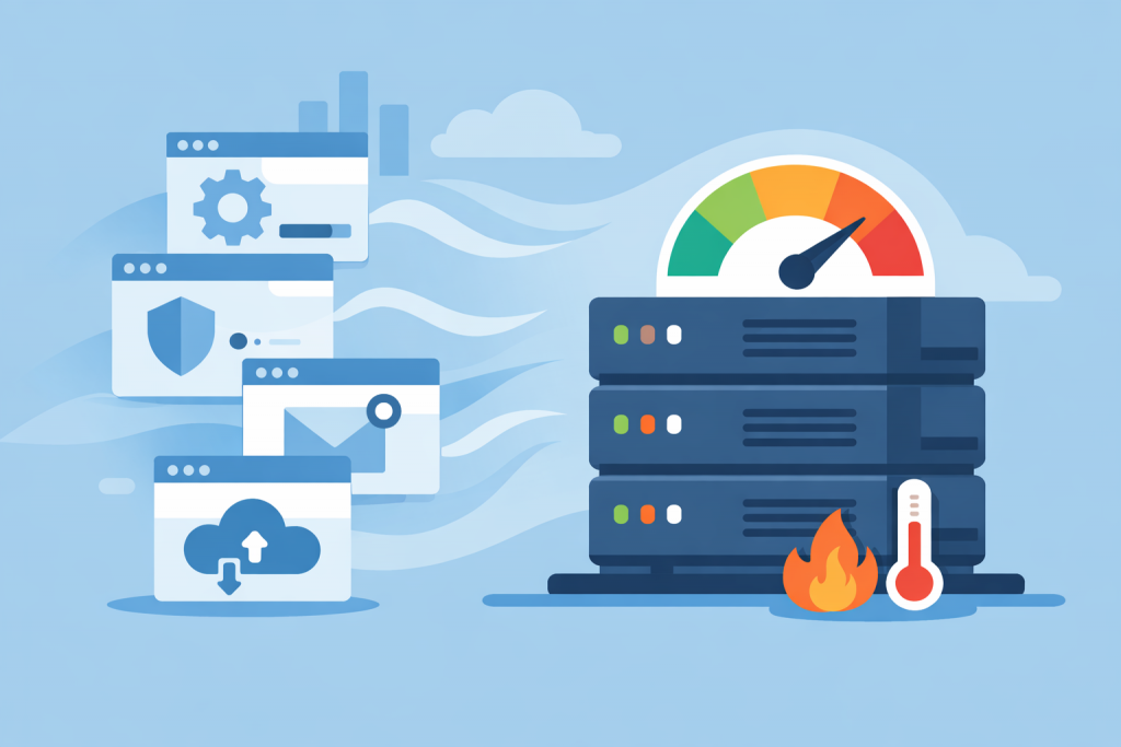 Servers with a high load indicator, background processes in the form of service windows, and overheating and overconsumption of VPS resources icons.