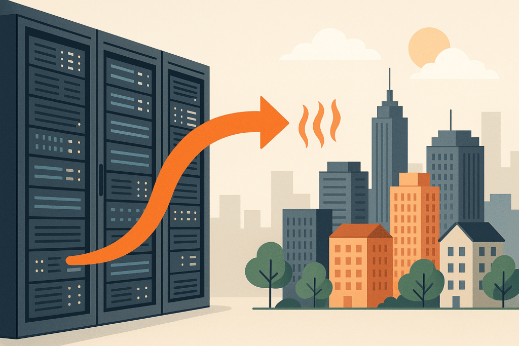 Server racks with an arrow pointing towards the city, symbolizing the transfer of heat from the data center to the buildings.