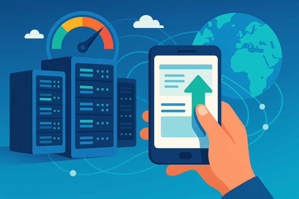 Servers, global network and smartphone with an up arrow symbolizing the speed of websites.