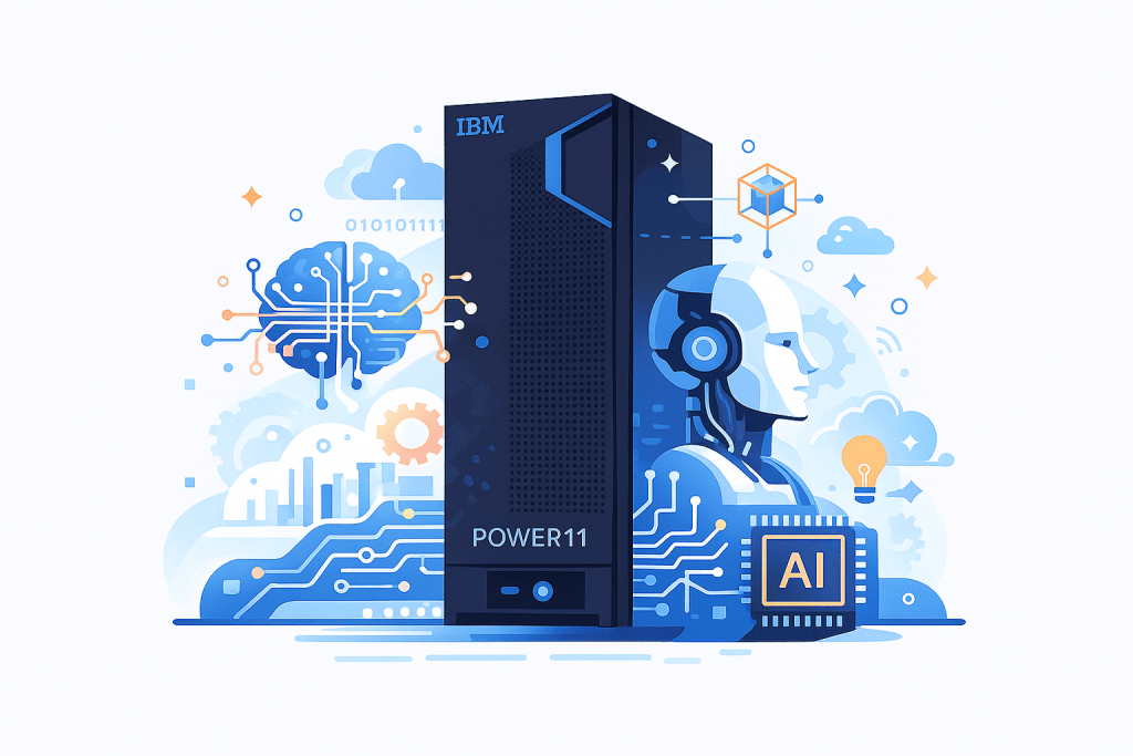 An IBM Power11 server next to artificial intelligence symbols, digital diagrams, and a robotic profile representing AI workloads.