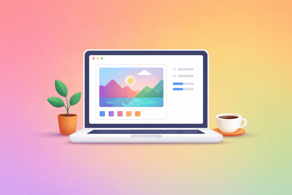 A laptop with an open image generation interface on the screen, a houseplant and a cup of coffee next to it on a colored gradient background.