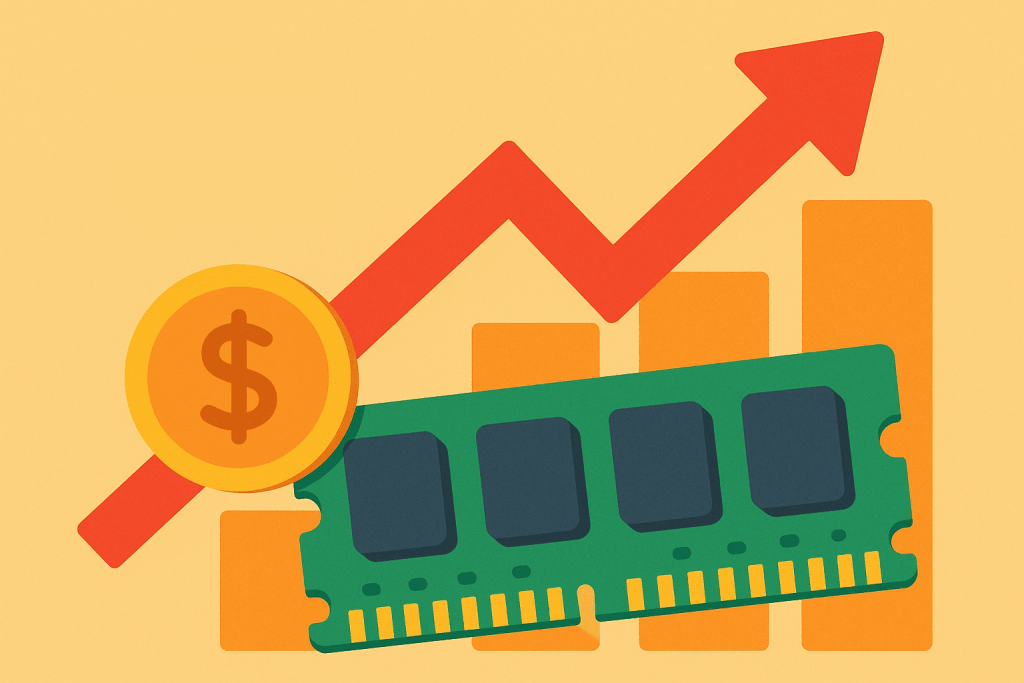 Illustration with a RAM module, a growth graph, and a coin - a symbol of the rising price of memory.