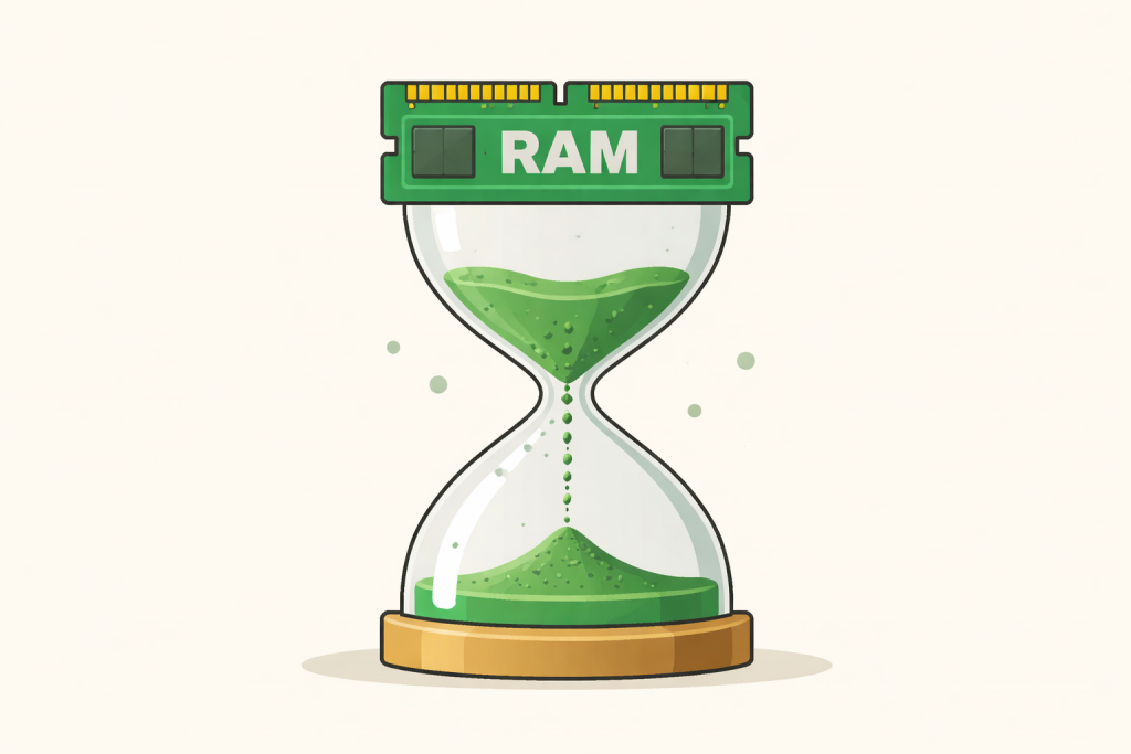 An hourglass in the shape of a RAM module, symbolizing a limited resource and lack of RAM.