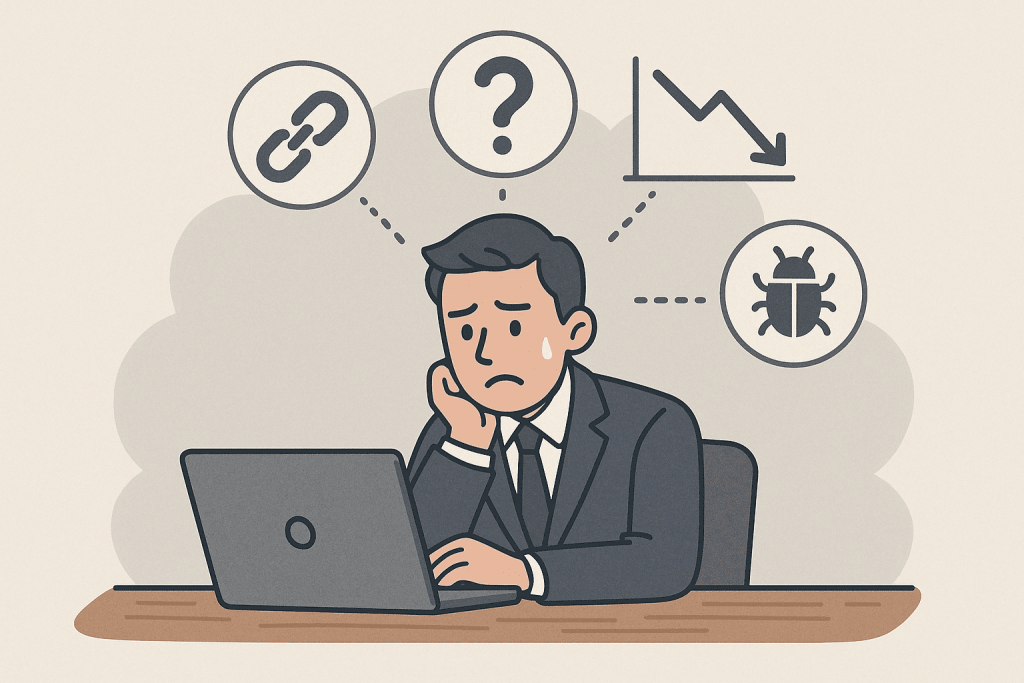 Upset businessman at laptop, around icons of online project problems.