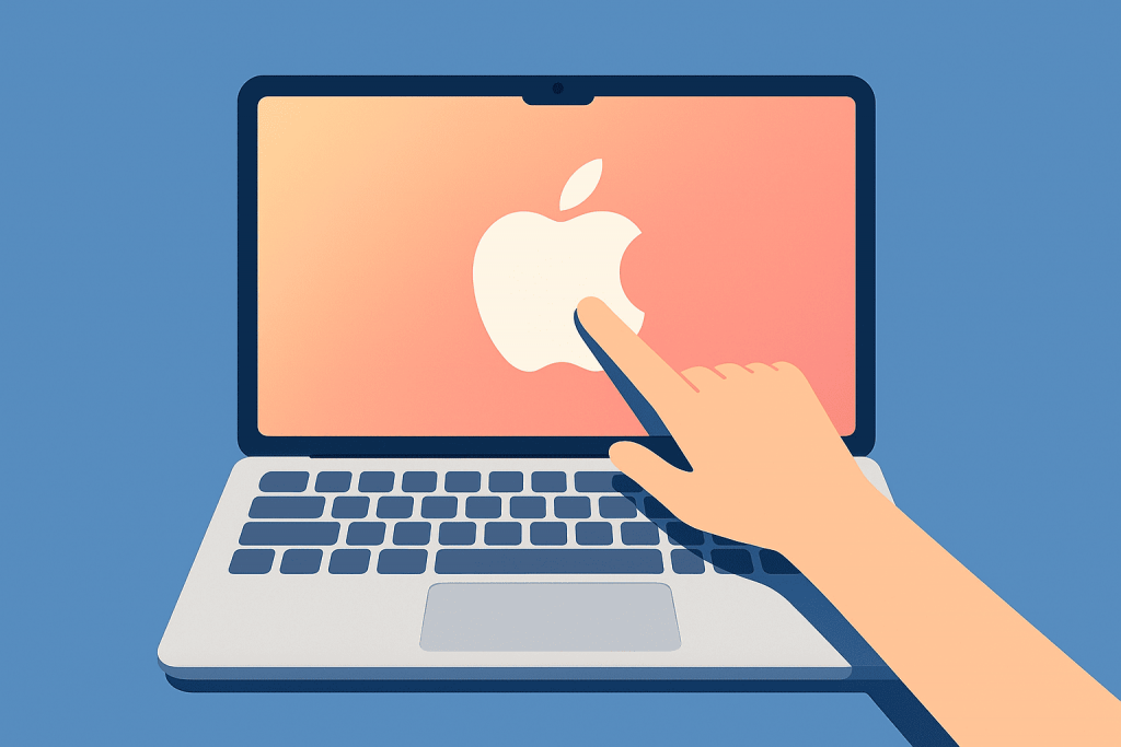 Hand touching MacBook laptop screen with Apple logo.