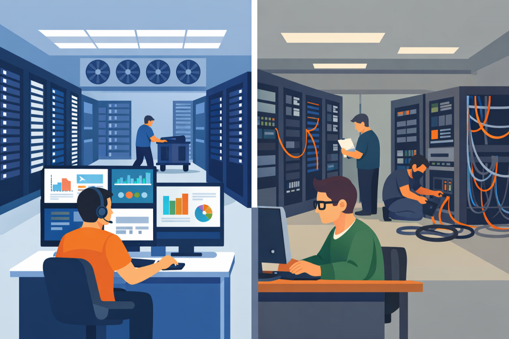 Two server rooms side by side: on the left — an operator in a control room with monitors and graphs, an automated server room with control; on the right — technicians working directly with server cabinets, cables, and equipment.