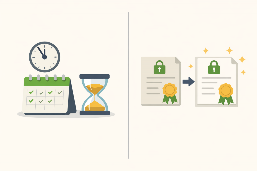 A calendar and hourglass as a symbol of the expiration date of an SSL certificate and documents with a lock indicating its renewal and reissue.