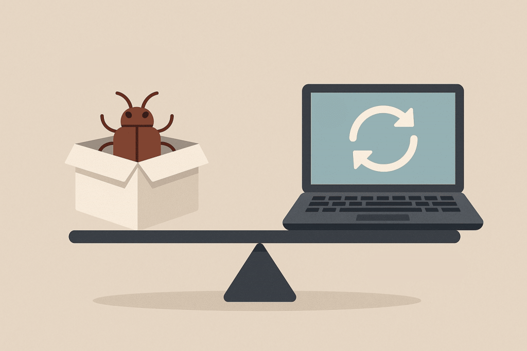 A computer on a scale is contrasted with a box with an error, symbolizing the importance of bug fixes and updates.