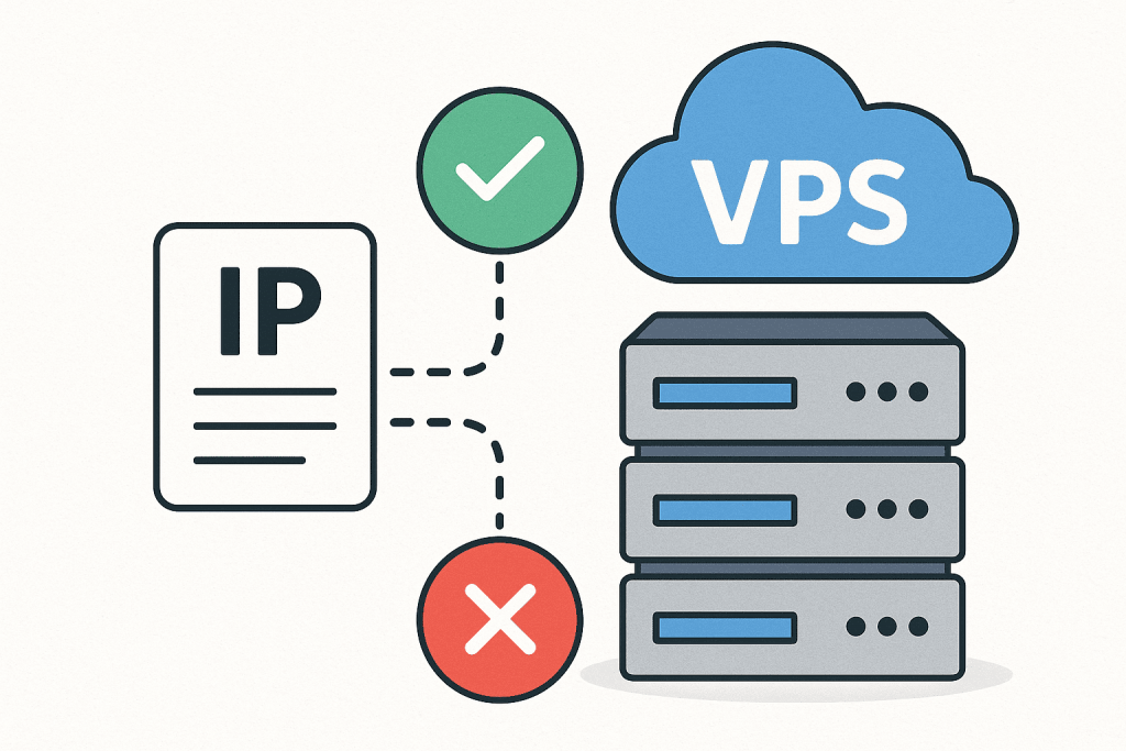 An IP address with allow and block marks next to the VPS server, symbolizing the IP reputation.