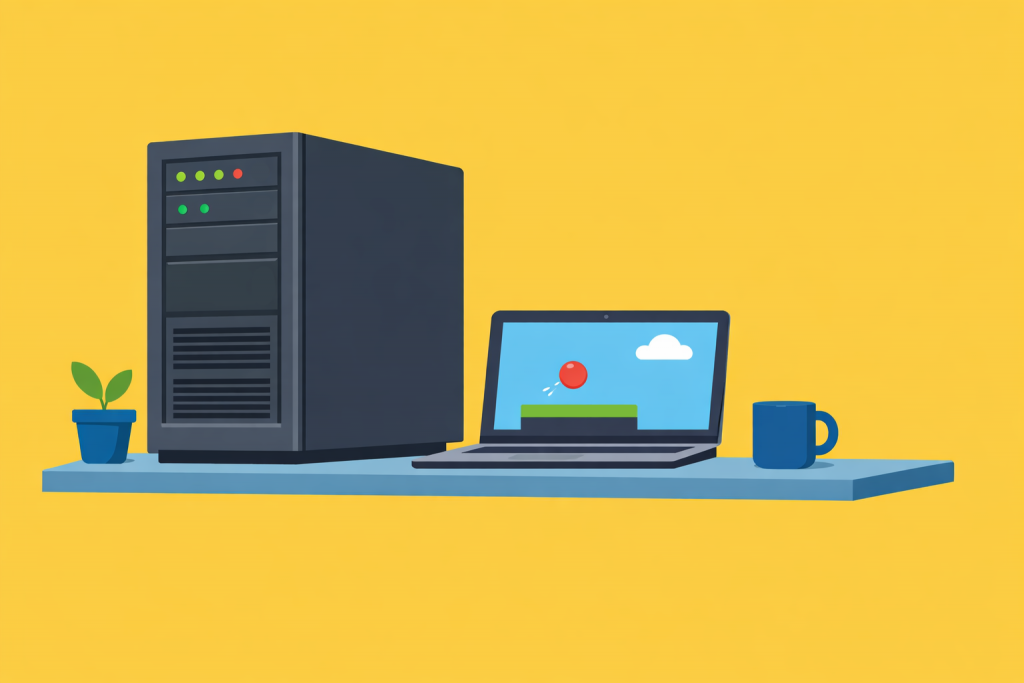 A stationary server next to a laptop on a table, a simple game running on the laptop screen, a cup and a houseplant nearby.