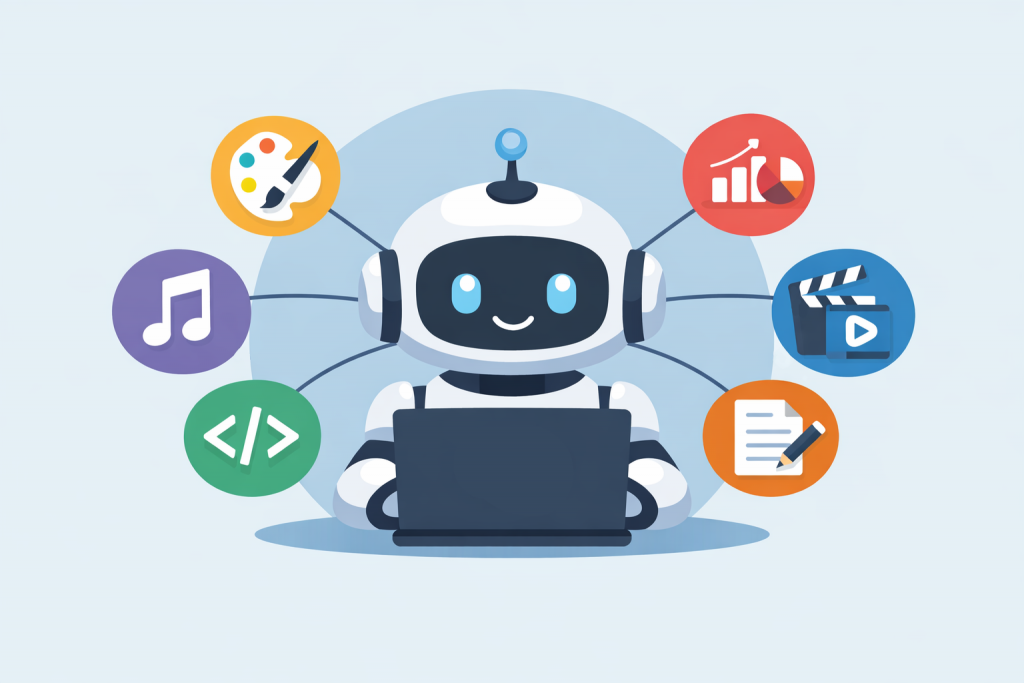 An artificial intelligence robot works at a laptop, surrounded by icons of code, music, design, video, analytics, and copywriting, symbolizing various digital tasks.